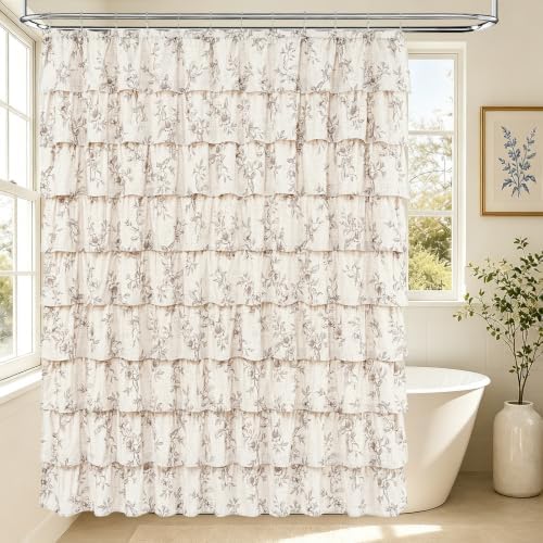 Long Farmhouse Floral Shower Curtain, Ruffle Bathroom Curtains, 72"Wx78"L
