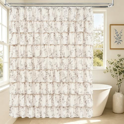 Long Farmhouse Floral Shower Curtain, Ruffle Bathroom Curtains, 72"Wx78"L