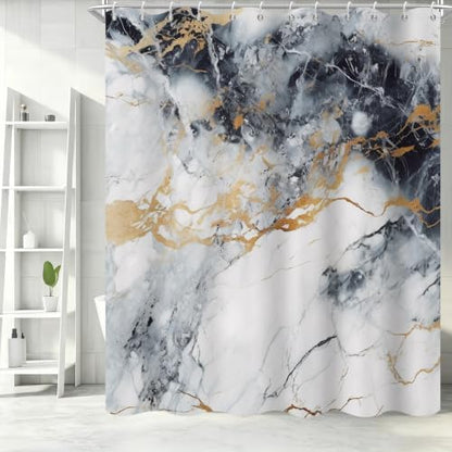 Abstract Marble Shower Curtain Modern Charcoal Luxury Gold Ink Texture Gray Ombre Watercolor Bathroom Curtain Set with Hooks Soft and Lightweight Waterproof Fabric Machine Washable 48" Wx72 L