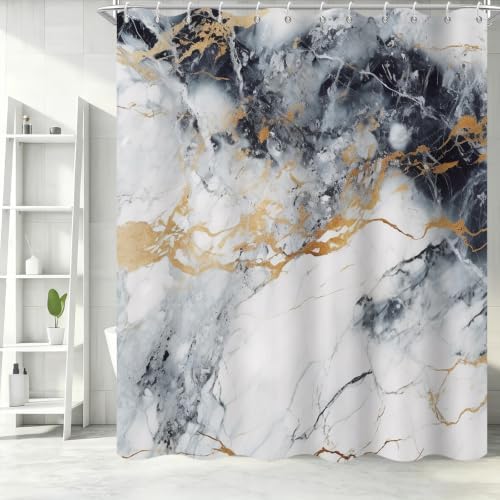 Abstract Marble Shower Curtain Modern Charcoal Luxury Gold Ink Texture Gray Ombre Watercolor Bathroom Curtain Set with Hooks Soft and Lightweight Waterproof Fabric Machine Washable 72" Wx84 L