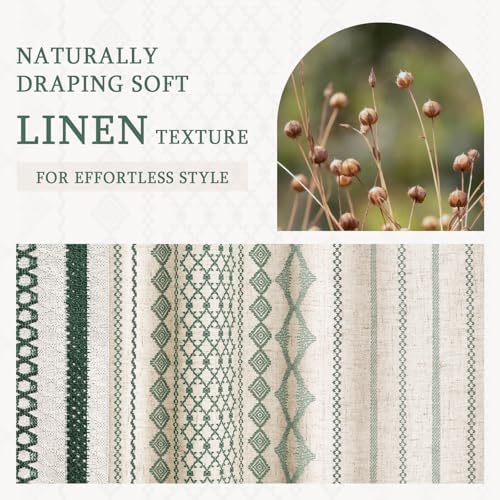 Dark Green Boho Linen Shower Curtain,72" W x 72" L