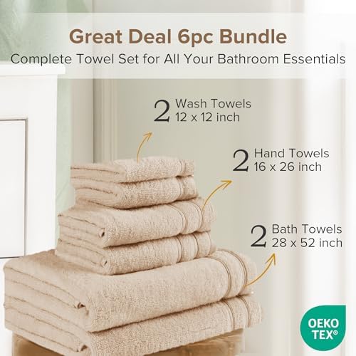 Comfort Spaces 6 Pc Towel Set, 100% Cotton Zero Twist, Beige Tan