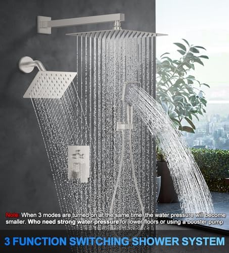 Woindo Shower Faucet Set, 10" Wall Mount Rainfall Shower System with 2 Rain Shower Head and Multi-function Handheld Head Push Button Diverter Shower Faucet Trim Kit