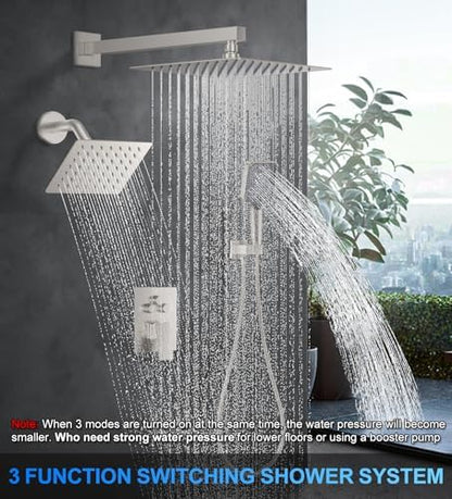 Woindo Shower Faucet Set, 10" Wall Mount Rainfall Shower System with 2 Rain Shower Head and Multi-function Handheld Head Push Button Diverter Shower Faucet Trim Kit