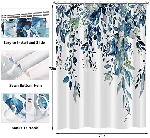 Shower Curtain, Shower Curtains for Bathroom Blue Eucalyptus Shower Curtain Watercolor Plant Bathroom Curtain Leaves Botanical Shower Curtain Set 72" W x 84" L with Hooks