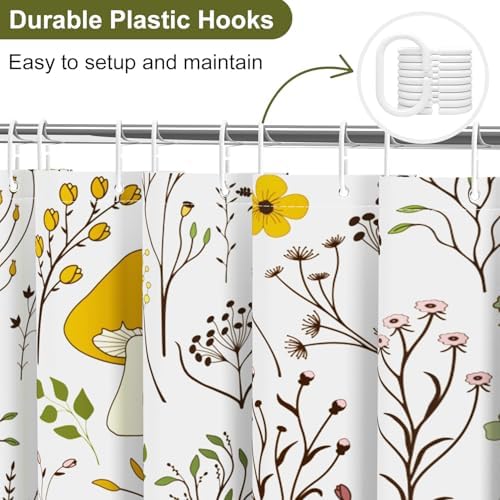 deFouliao Mushroom Shower Curtain, Boho Floral Waterproof Shower Curtain for Bathroom Bathtub Home Curtain Decor with Hooks, Machine Washable, 65''Wx72''L