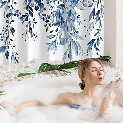 Gibelle Navy Eucalyptus Shower Curtain, Watercolor Floral Print, 72x72