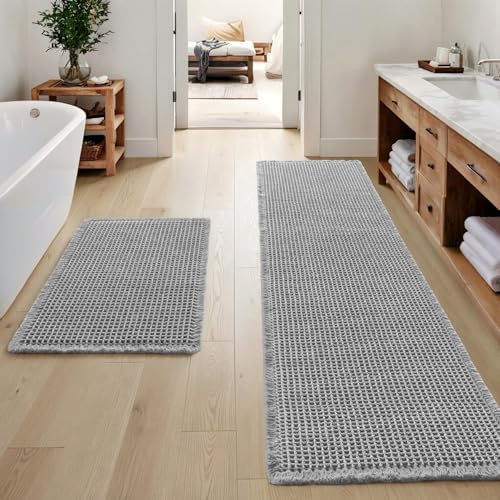 MIULEE Set of 2 Waffle Bathroom Rugs Light Grey Bath Mat 17"x24"+17"x48"