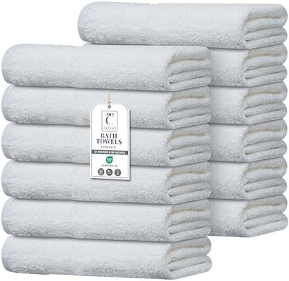 Commercial Bulk Pack of 12 Large Bath Towels – 100% Cotton Terry 24" x 50" – Ideal for Hotels, Salons, Gyms, Spas & Institutional Use – White