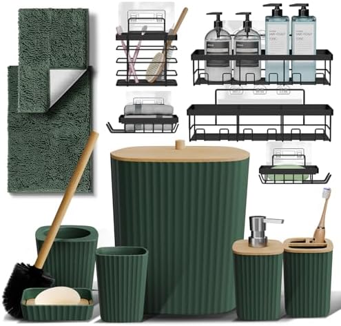 Clara Clark Bathroom Set - Hunter Green Bathroom Accessories Set, 6PC Bathroom Accessory Set, Bathroom Sets with Bathroom Rugs, Adhesive Corner Shower Caddy Hanging, Toilet Brush & Trash Can