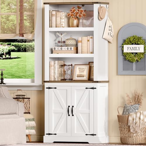 TEENFON 70.9in Tall Storage Cabinet with Adjustable Shelves, Kitchen Pantry Cabinet with 2 Barn Doors, 5 Tiers Farmhouse Bookcase for Living Room, Kitchen, Home Office, Bedroom, White