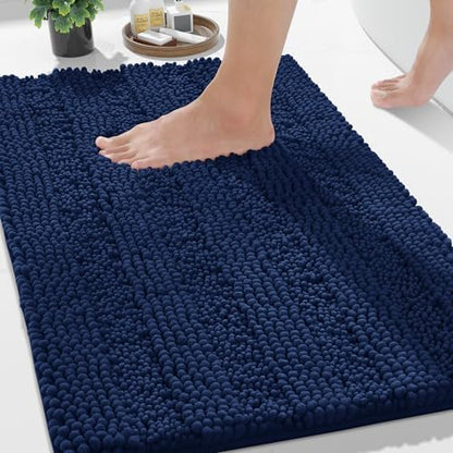 Yimobra Bathroom Rug Mat 32 x 20, Non Slip and Super Absorbent Bath Mat,Machine Washable Quick Dry,Ultra Plush Chenille Shower Rugs for Bathroom Floor Sink Tub and Shower Outside,Navy Blue