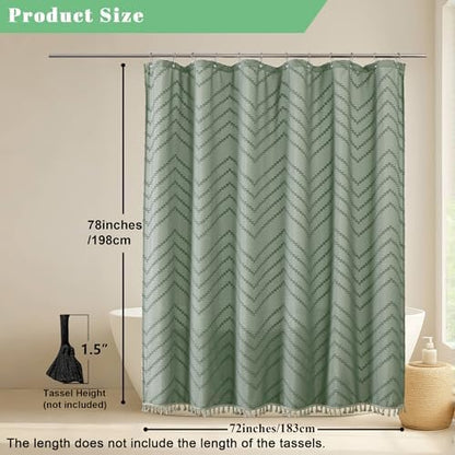 OWENIE Sage Green Fabric Shower Curtain, Boho Shower Curtains for Bathroom Chic Tufted Chevron Striped Textured with Tassel, Soft Hotel Style Farmhouse, Machine Washable, 72x78, Sage Green