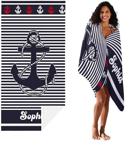 JML Personalized Beach Towel with Name, Custom Anchor Beach Towel, Customized Microfiber Pool Towel, Quick Dry & Absorbent Swim Towel for Adult,Anniversary, Birthday, Summer Holiday,Vacation