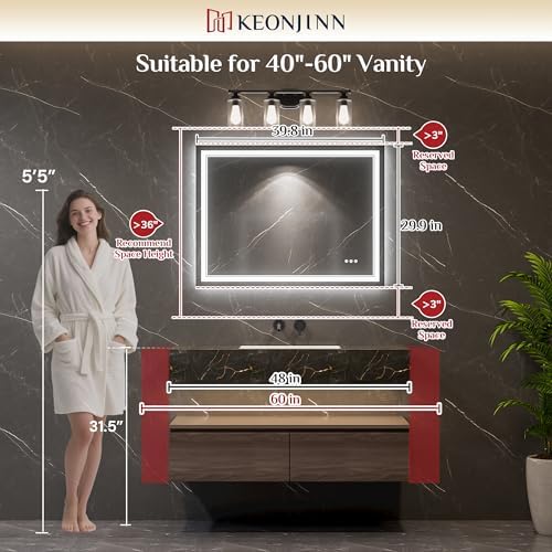 Keonjinn 40" x 30" LED Bathroom Mirror with Lights, Frontlit & Backlit