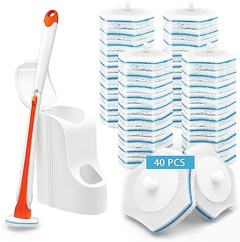 JEHONN Disposable Toilet Bowl Cleaner Wand with 40 Cleaner Refills, Wall Mounted Long Handle Compact Bathroom Scrub Brush Holder Set for Sink Bathtub Wash Basin Mop Pool (Orange)