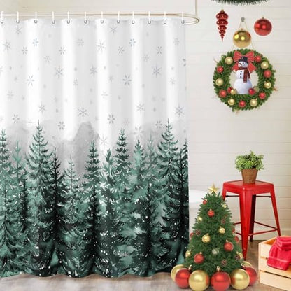 Shower Curtain Bathroom Set Christmas Tree Forest Gradient Green Waterproof Shower Curtains with Grommets Hooks Winter Snowflakes Gray Privacy Bath Curtain for Bathtub Decor 60x72in