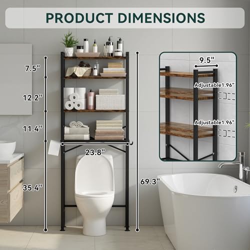 GloTika 4-Tier Over The Toilet Storage, Anti-Tilt, 69.3" H, Black Brown