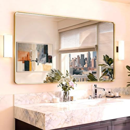 24"X48" Large Gold Metal Framed Bathroom Mirror for Wall, Large Mirrors for Spacious Rooms,Gold Rounded Rectangle Mirror, Brushed Gold Bathroom Vanity Mirror Farmhouse, Anti-Rust, Tempered Glass