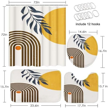 Bathroom Sets with Shower Curtain and Rugs, 4 Pcs, Boho Midcentury