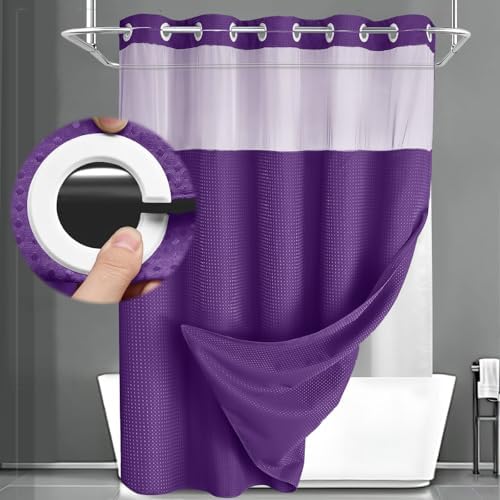 No Hook Shower Curtain with Liner Set Hotel Waffle Deep Purple 72W X 75L