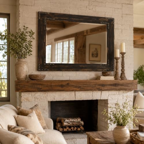Rustic Black 30x40 Inch Wood Bathroom Vanity Mirror, Rivets