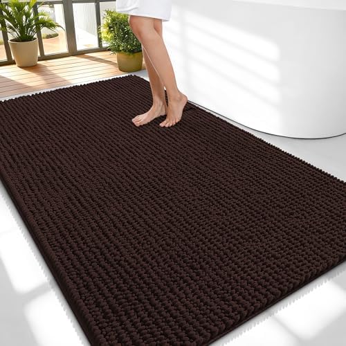 OLANLY Thick Chenille Large Bathroom Rugs 59x35, Absorbent Bath Mat, Brown