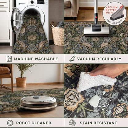 Hazo Haus Washable Living Room Rug 6x9 - Dark Floral Nature Rugs for Bedroom, Dining Room Kitchen Table Rug for Under Table, Office, Stain Resistant Non-Slip Large - Brown/Dark Green