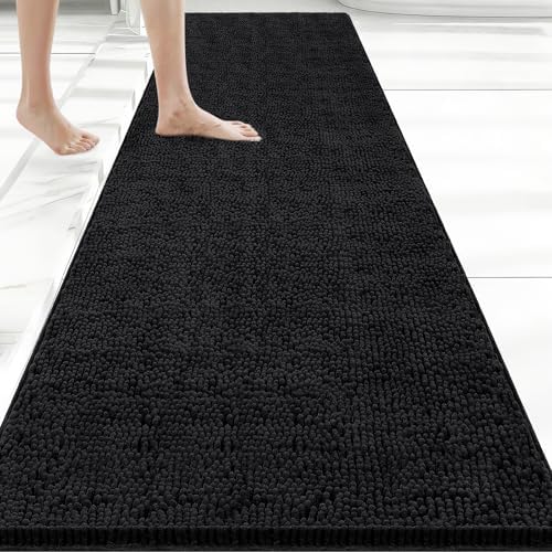 Bcoimo Bath Rug Mat, 60x24 Chenille Non Slip Black Long Bathroom Runner Rug