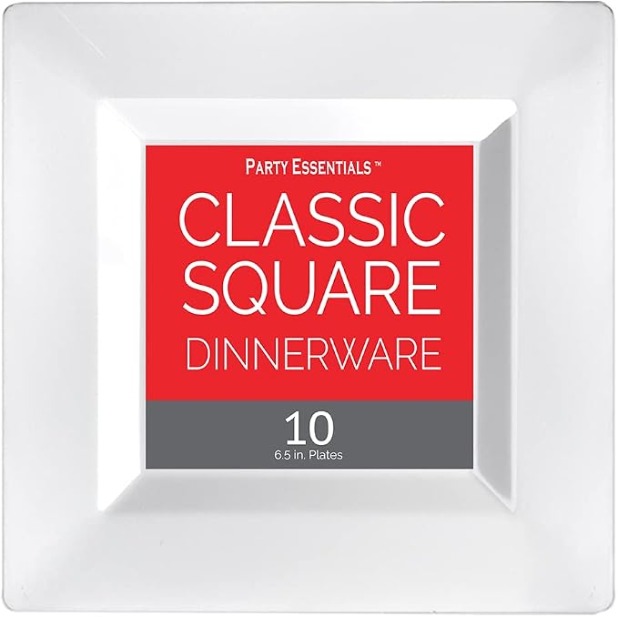 Party Essentials Party Supplies Disposable Classic Square Plastic Plates For Wedding/All Occasions, 6.5", 10-Count, White