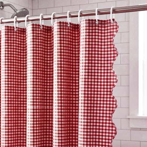 HunnmingRe Scalloped Gingham Shower Curtain Red