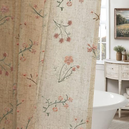 Floral Farmhouse Vintage Linen Shower Curtain Embroidered Textured 72Wx78H