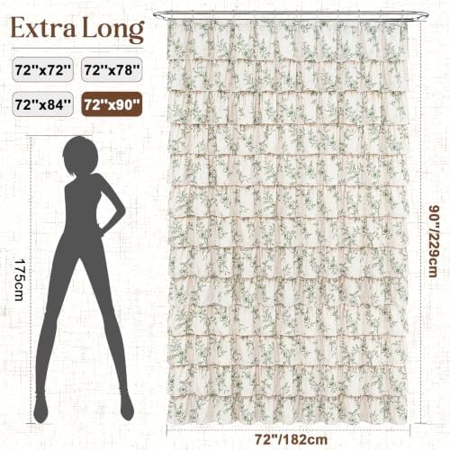 Extra Long Farmhouse Ruffle Shower Curtains with Green Floral, 72"Wx90"L