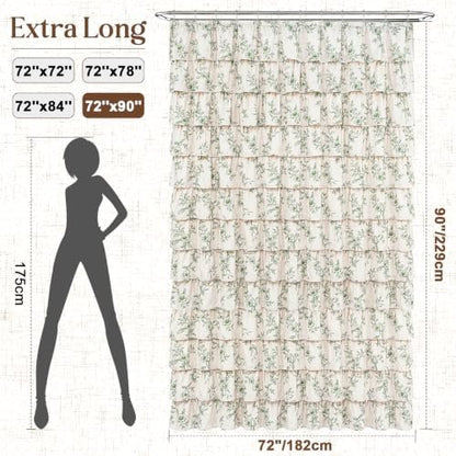 Extra Long Farmhouse Ruffle Shower Curtains with Green Floral, 72"Wx90"L