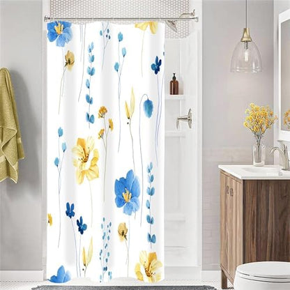 Gibelle Blue Yellow Watercolor Floral Fabric Shower Curtain, 36x72