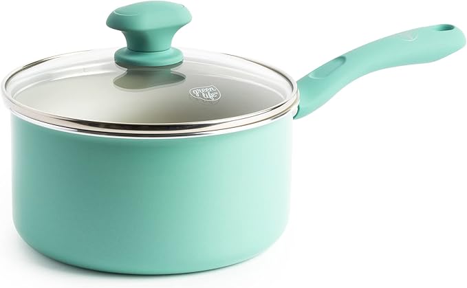 GreenLife Soft Grip Diamond Healthy Ceramic Nonstick, 2QT Saucepan Pot with Lid, PFAS-Free, Dishwasher Safe, Turquoise