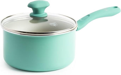 GreenLife Soft Grip Diamond Healthy Ceramic Nonstick, 2QT Saucepan Pot with Lid, PFAS-Free, Dishwasher Safe, Turquoise