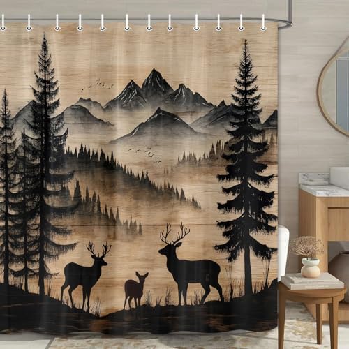 Rustic Deer Shower Curtain, Cabin Country Wood Lodge Hunting Wild Animal Vintage Farmhouse Hunting Camping Camper RV Bathroom Decor Polyester Fabric Mens Bath Curtain Set with Hooks,47X70IN