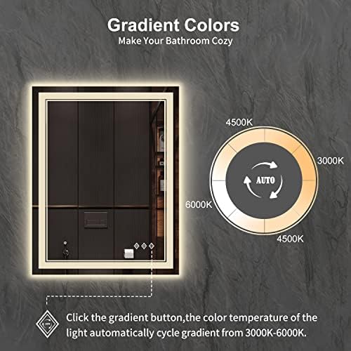 LED Mirror, 28x36 Inch Gradient Front and Backlight Lighted Mirror, 3 Colors Dimmable CRI>90 Double Lights, IP54 Enhanced Anti-Fog, Hanging Plates Wall Mount LED Bathroom Mirror