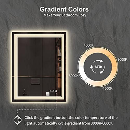 LED Mirror, 28x36 Inch Gradient Front and Backlight Lighted Mirror, 3 Colors Dimmable CRI>90 Double Lights, IP54 Enhanced Anti-Fog, Hanging Plates Wall Mount LED Bathroom Mirror