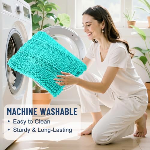 Grandaily Chenille Striped Bathroom Rugs 47x24, Extra Thick and Soft Absorbent Bath Mats, Rubber Backing, Plush Shaggy Shower Carpet, Machine Wash Dry, Bath Rug for Bathroom, Turquoise