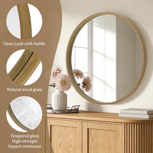 WallBeyond Round Wood Mirror, 36" Round Modern Decoration Large Circle Wall Mirror for Bathroom Living Room Bedroom Entryway, Natural