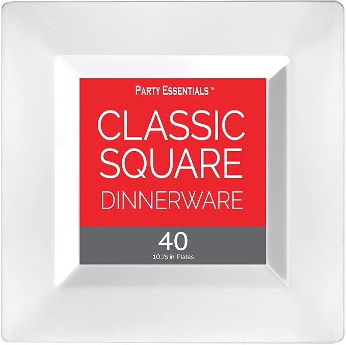 Party Essentials Party Supplies Disposable Classic Square Plastic Plates For Wedding/All Occasions, 10.75", 40-Count, White