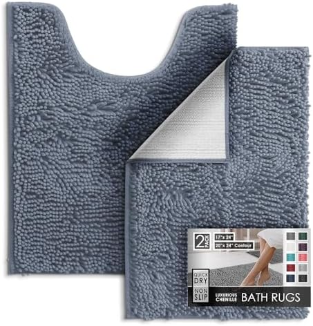 Hearth & Harbor Bathroom Rugs, Chenille Bath Mat - Machine Washable Bath Mats for Bathroom Non-Slip Backing Rubber, Quick Dry Bathroom Mat, 17 x 24 + 20 x 24 - Stone Blue