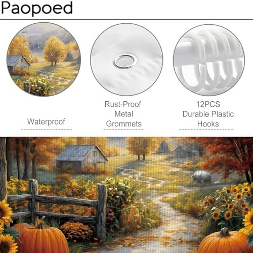 Autumn Country Road Shower Curtain, 72 x 84 Inch Fall Landscape Bathroom Curtain with Pumpkins, Sunflowers, Trees and Farmhouse Path Decor