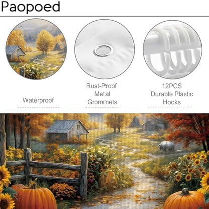 Autumn Country Road Shower Curtain, 72 x 84 Inch Fall Landscape Bathroom Curtain with Pumpkins, Sunflowers, Trees and Farmhouse Path Decor