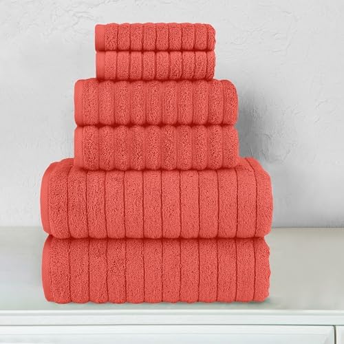 Elegant Comfort 100% Turkish Cotton Corduroy Ribbed Luxury Bath Towels 6-Piece Set, Premium Feel - Quick Dry, Highly Absorbent, Contains 2 Bath Towels, 2 Hand Towels, and 2 Washcloths, Coral