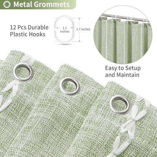 Boho Farmhouse Tassel Linen Shower Curtain,3D Embroidery Stripe Sage,72x78