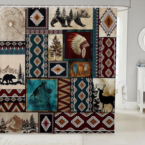 Rustic Cabin Shower Curtain Western Boho Bath Curtain Country Retro Aztec Southwest Native Bathroom Accessories Farmhouse Wildlife Camping Waterproof Polyester Fabric for Stalls Bathtubs 72"x78"