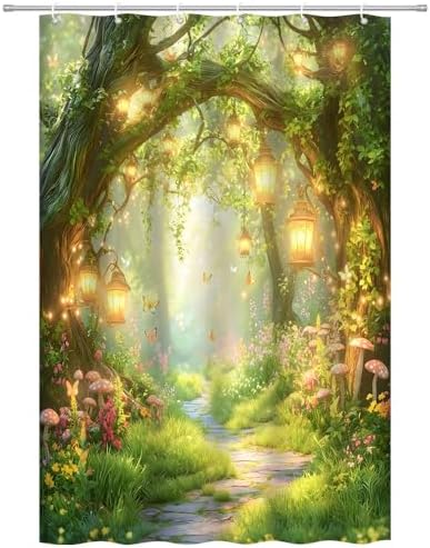 Fantasy Forest Path Shower Curtain Fairy Magical Enchanted Misty Jungle Mushroom Floral Tree Butterfly Lantern Spring Wonderland Bath Curtain Fabric Bathroom Accessories Decor with Hooks 47W x63L